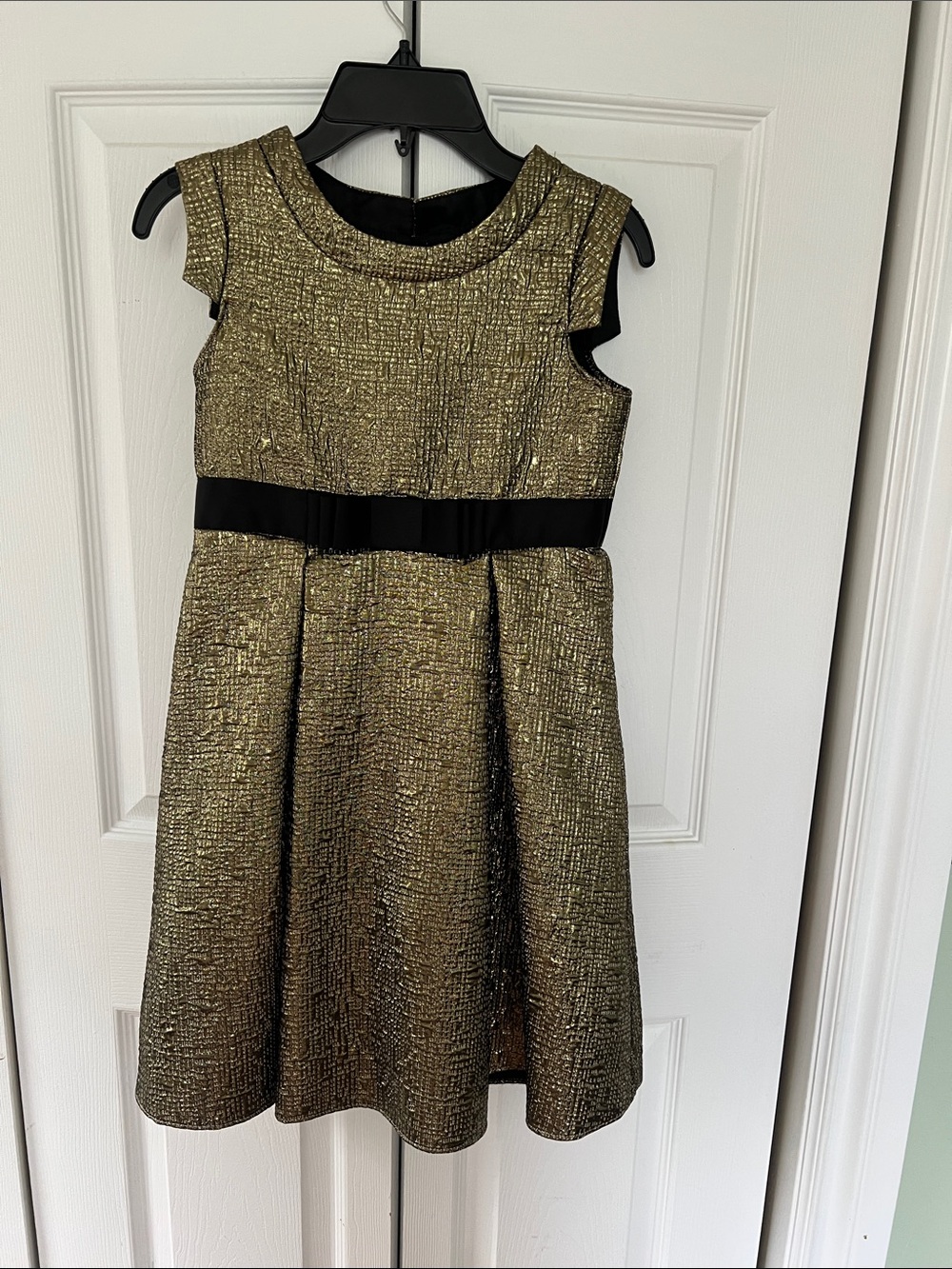 Girls' Metallic Gold A-Line Party Dress with Black Waistband
